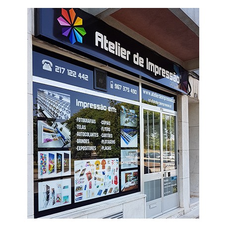 Vinil autocolante polimérico de exterior, impresso e plastificado UV brilho